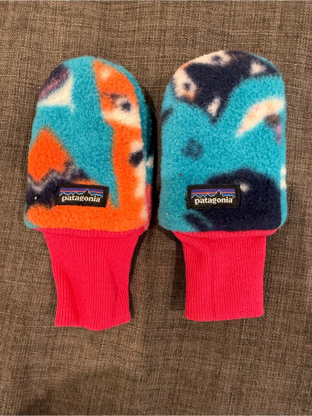 Patagonia Kids Fleece Mittens in Turquoise, Orange & Pink